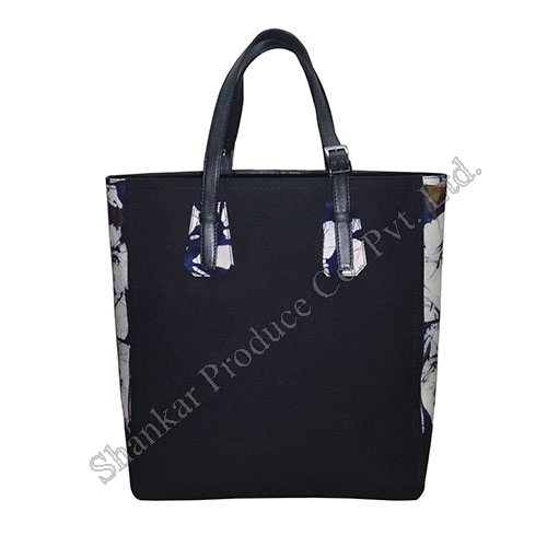 Cotton Tote with Batik Print in Leather Combination