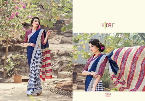 Lilan Poly Cotton Printed Sarees - 5.5 Meters, Blue, 44 Inches | Shrink Resistant, Easy Wash, Comfortable, Colorfast