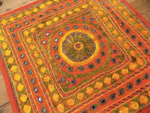 Indian Vintage Handmade Cushion Cover - Cotton, 16x16 Inches, Orange | Handcrafted, Mirror-Work, Vintage Style, Decorative, Durable