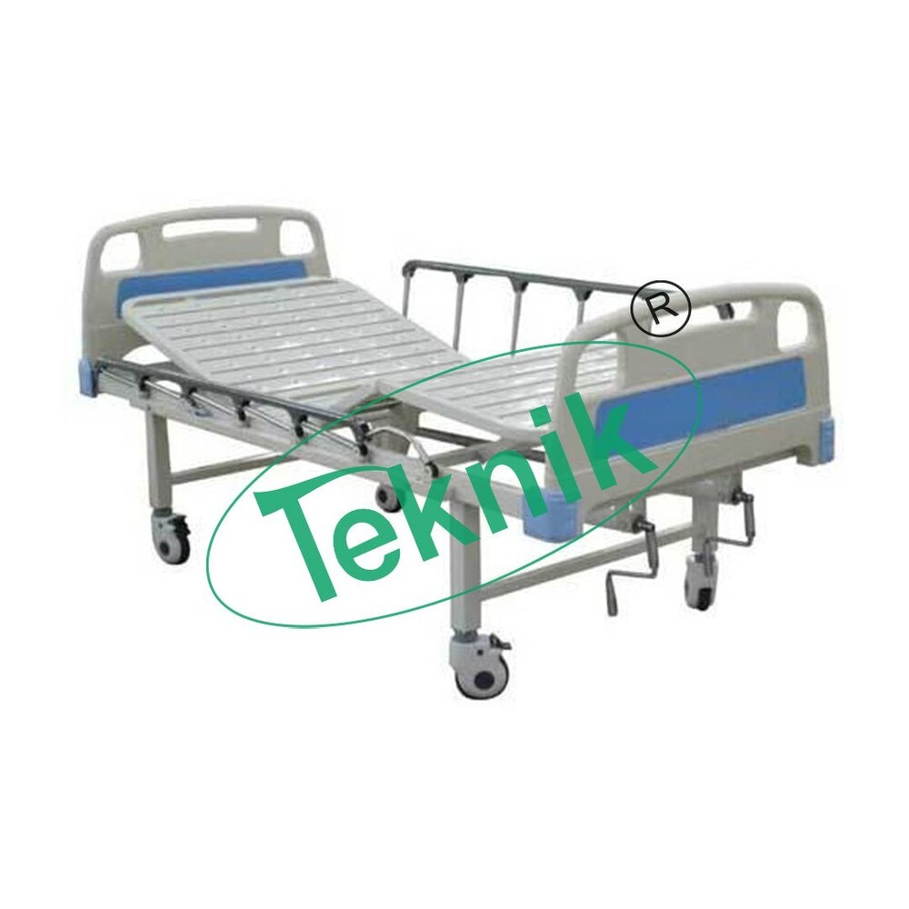 Adjustable Hospital Bed - Four Section Perforated CRCA Sheet, 203L x 90W x 60H Cm | Trolley Type Base with Stainless Steel Bows, Smooth Crank Controlled Movements, Safety Side Railings