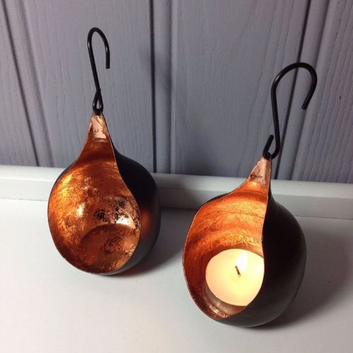 Hanging Votives - Metal, 4x3 Inches, Copper | Set of 2, Tea Light Holder, Elegant Design