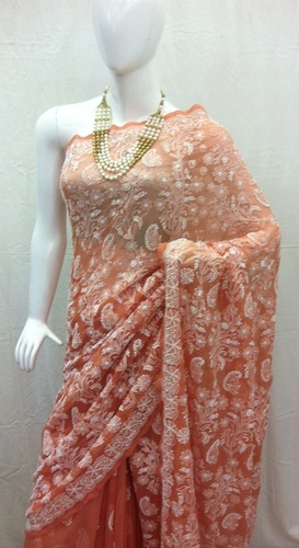 Chikan Sari - Chiffon, 5.5 Meters, Peach | Hand Embroidery, Elegant Design, Lightweight, Soft Fabric