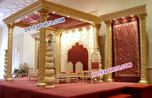 Wedding Golden Mandap Set - Wood and Metal, Modular Assembly, Golden Finish | Elegant Design, Intricate Carving, Durable, Customizable, Royal Look