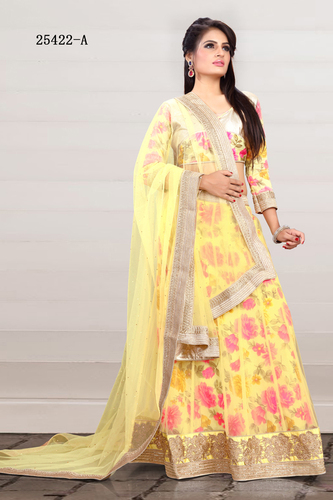 New Printed Lehenga - Broket Blouse, Net Satin Lehenga, Light Golden Rod Yellow, Printed Zari Handwork