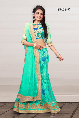 New Printed Lehenga - Broket & Printed Blouse, Net Satin Lehenga, Net Dupatta, Turquoise | Printed, Zari, Handwork, Elegant Fit