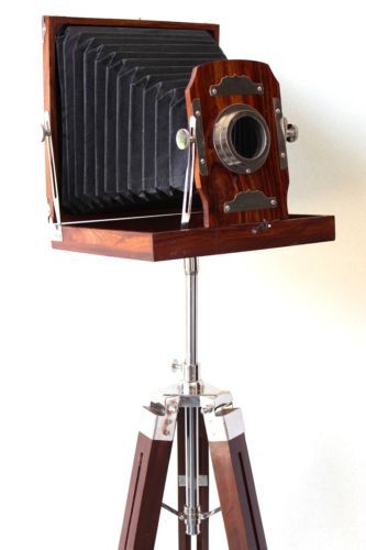 Vintage Retro Look Designer Wooden Camera with Tripod Nautical Home Decorative