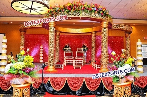 Indian Wedding Royal Golden Carved Mandap - Fiberglass, Gold, Variable Dimensions, Internal Lighting | Easy Assembly, Weatherproof, Crystal Accents, Lightweight, Modern Traditional Design