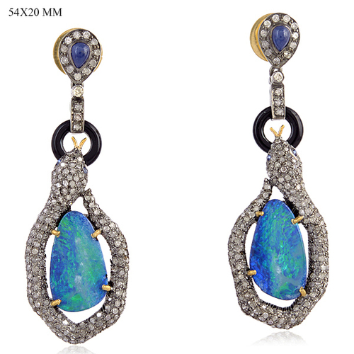 Opal Doublet Diamond Earring - 18k Yellow Gold .925 Silver, Pave Diamonds, Sapphire, Onyx, Dangle