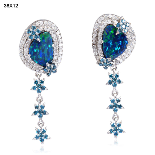 Gold Stud Earring - 18k White Gold, Opal Doublet, Diamond Pave Setting | Elegant Luxury Stud Earrings