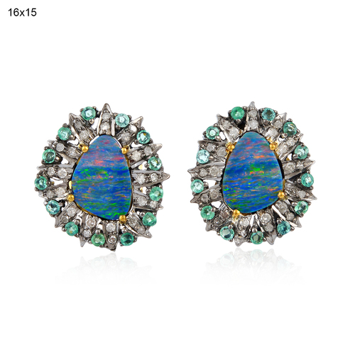 Stud Earring - 18k Yellow Gold & .925 Silver, Emerald & Opal Doublet with Diamond, Pave & Prong Setting, Elegant Design