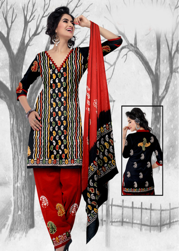 Black Printed Cotton Suit With Dupatta