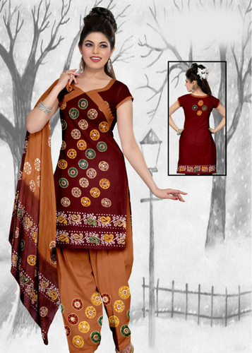 Maroon Printed Cotton Semi-stitched Suit With Dupatta