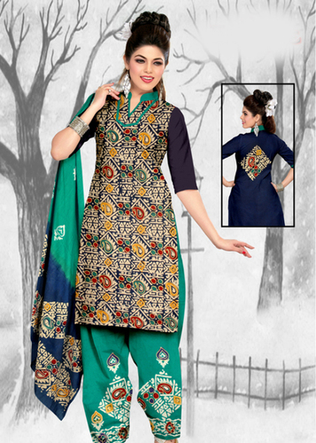 Blue Printed Cotton Suit With Dupatta
