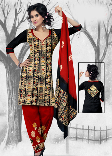 Black Printed Cotton Suit With Dupatta