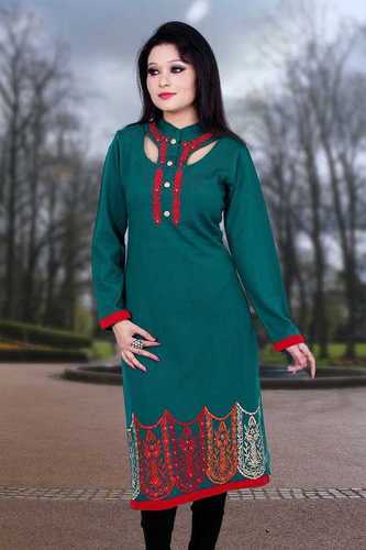 Ladies Kurties - Wool Blend, Knee-Length, Teal | Embroidered, Stylish Design, Comfortable Fit, Soft Fabric, Elegant Look, Durable Material, Unique Style, High Neck, Long Sleeves