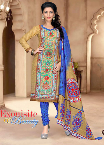 Multi-Color Printed Cotton Semi-Stitched Suit With Dupatta