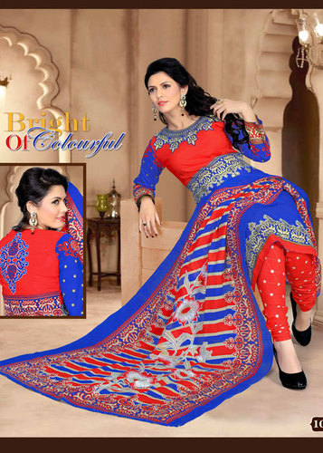 Blue Printed Cotton Suit With Dupatta