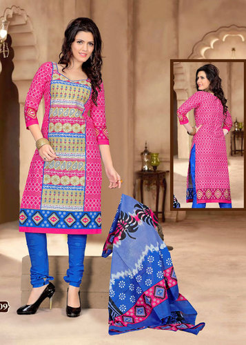 Pink Printed Cotton Suit With Dupatta
