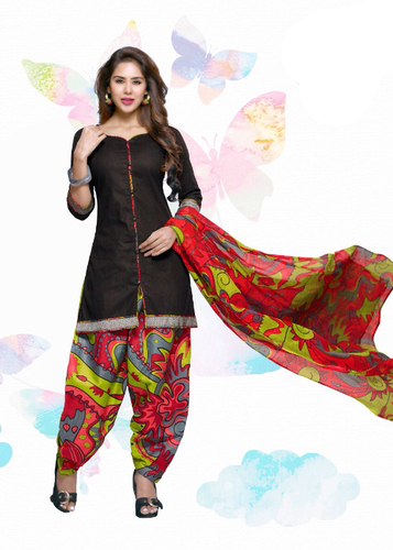 Black Printed Cotton Semi-Stitched Suit With Dupatta