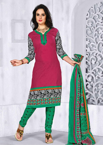 Green Printed Cotton Semi-Stitched Suit With Dupatta - Cotton, Green Kameez, Pink Salwar, Green Dupatta, Casual Wear