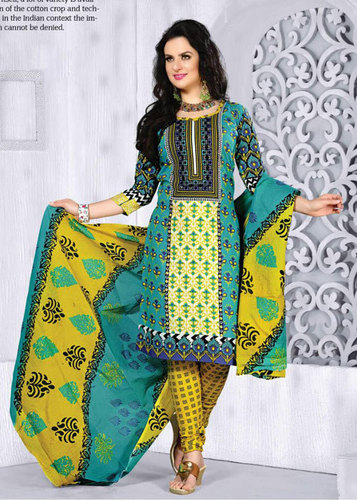 Yellow Printed Cotton Semi-Stitched Suit With Dupatta