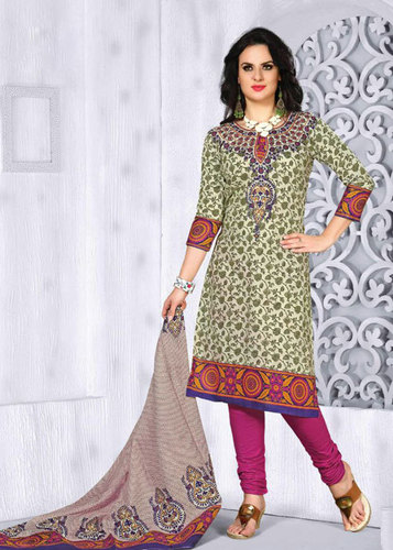 Pink Printed Cotton Semi-Stitched Suit With Dupatta