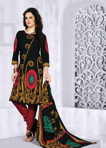 Red Printed Cotton Semi-Stitched Suit With Dupatta