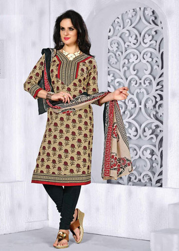 Black Printed Cotton Semi-Stitched Suit With Dupatta