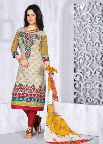 Red Printed Cotton Semi-Stitched Suit With Dupatta