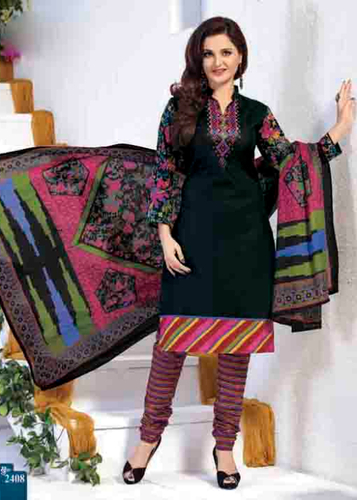 Black Printed Cotton Semi-Stitched Suit With Dupatta - Cotton, Black, Multicolor | Stylish, Comfortable, Casual, Elegant