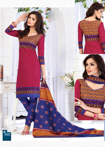 Pink Printed Cotton Semi-Stitched Suit With Dupatta