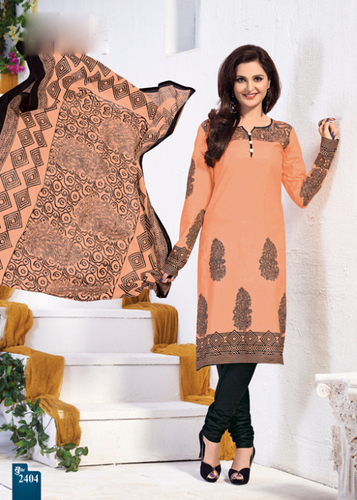 Peach Printed Cotton Semi-Stitched Suit With Dupatta