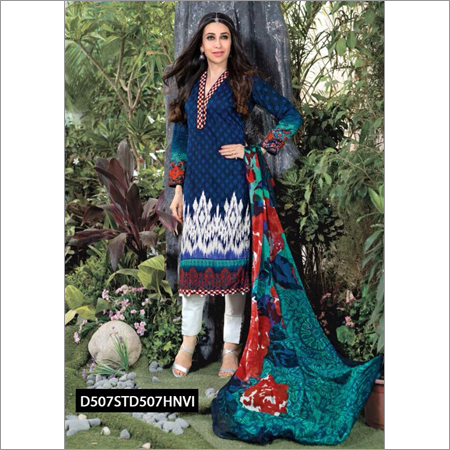 Blossom Ladies Suit - Cambric Cotton Top, Dyed Cotton Bottom, Blue, Chiffon Dupatta | Printed Design, Full Sleeve, Comfortable, Elegant