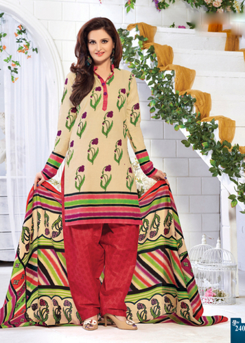 Yellow Printed Cotton Semi-Stitched Suit With Dupatta