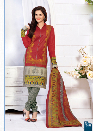 Red Printed Cotton Semi-Stitched Suit With Dupatta