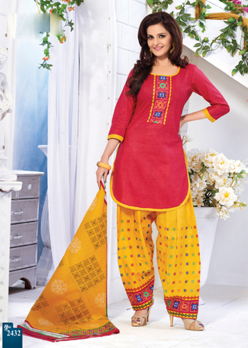 Pink Printed Cotton Semi-Stitched Suit With Dupatta