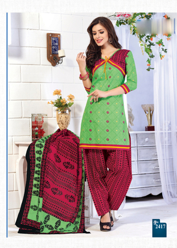Red Printed Cotton Semi-Stitched Suit With Dupatta