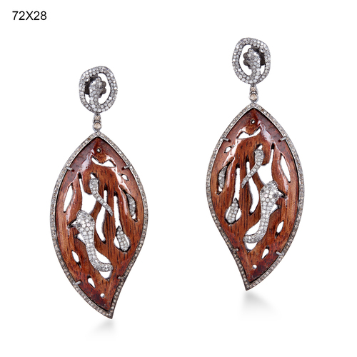 Wooden Carved Earring - .925 Sterling Silver, Diamond Pave Setting, Wooden Accents, Dangle Design