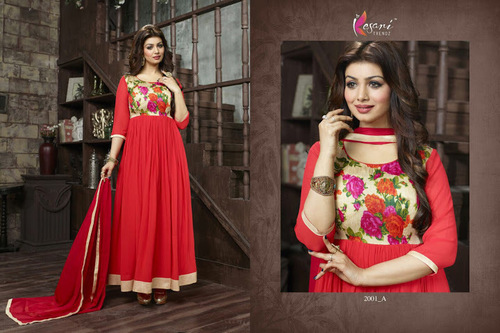 Kesari Wanted - Georgette Fabric, 5 Pc, Floor-Length, Red, Floral Embroidery, Anarkali Style, Comfortable Fit
