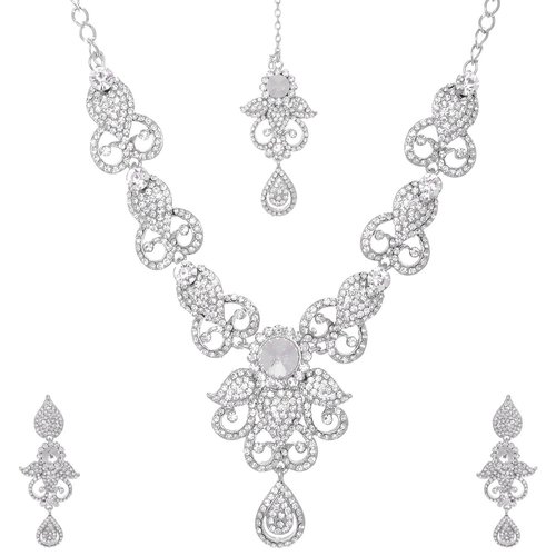 Entangled Leaf Necklace - Alloy, 16-18 Inches, Silver | Elegant Design, Cubic Zirconia, Velvet Pouch Packaging