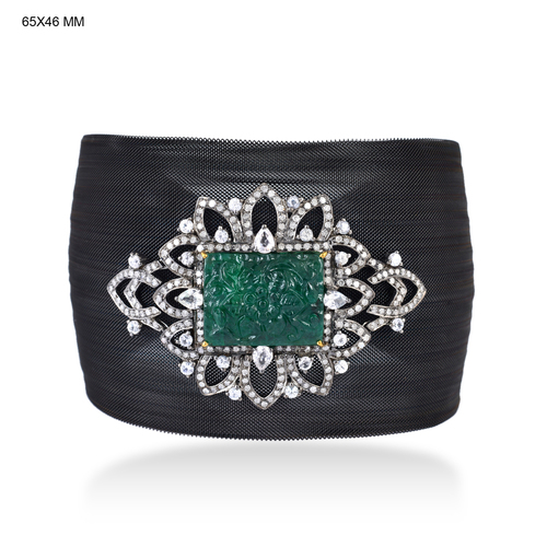 Carved Steel Mash Bangle - 18k Yellow Gold .925 Silver, Diamond, Emerald, White Sapphire | Elegant Design, Pave & Prong Setting, Fashion Statement