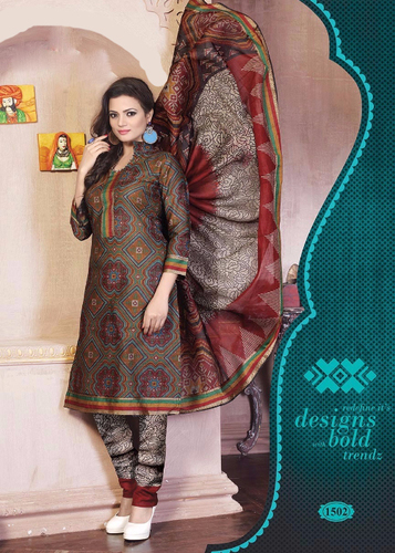 Brown Printed Cotton Semi-Stitched Suit With Dupatta