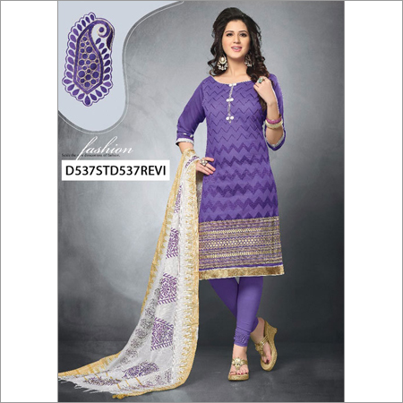 Ladies Straight Dress Material - Chanderi Top, Cotton Bottom, Purple, Nazneen Dupatta | Embroidered, 3/4 Sleeve, Unstitched, Stylish