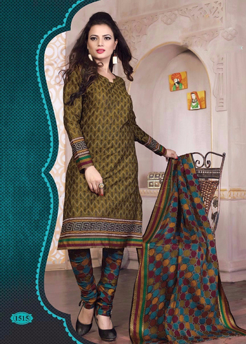 Yellow Printed Cotton Semi-Stitched Suit With Dupa