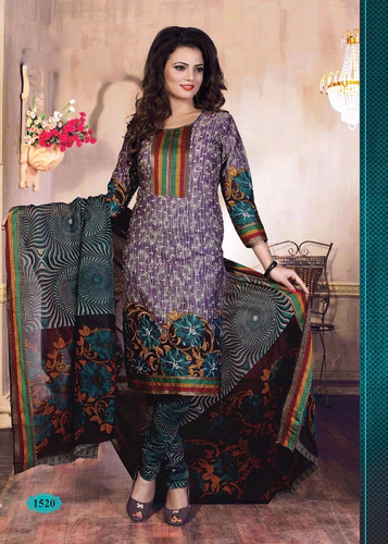 Purple Printed Cotton Semi-Stitched Suit With Dupatta - Cotton, Purple, Black Salwar, Multi-Color Dupatta | Stylish Design, Casual Wear