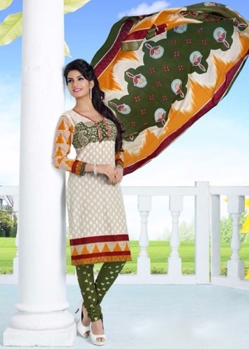 Yellow Printed Cotton Semi-Stitched Suit With Dupatta