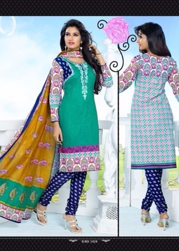 Sea Green Printed Cotton Semi-Stitched Suit With Dupatta