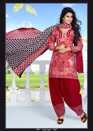 Red Printed Cotton Semi-Stitched Suit With Dupatta