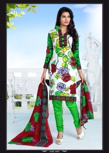 Green Printed Cotton Semi-Stitched Suit With Multi-Color Dupatta - Stylish Design, Casual Wear