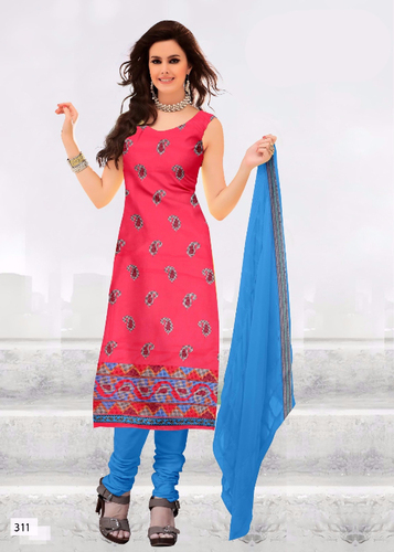Red Embroidered Cotton Semi-Stitched Suit With Blue Dupatta - Cotton, Red Kameez, Blue Salwar, Casual Wear
